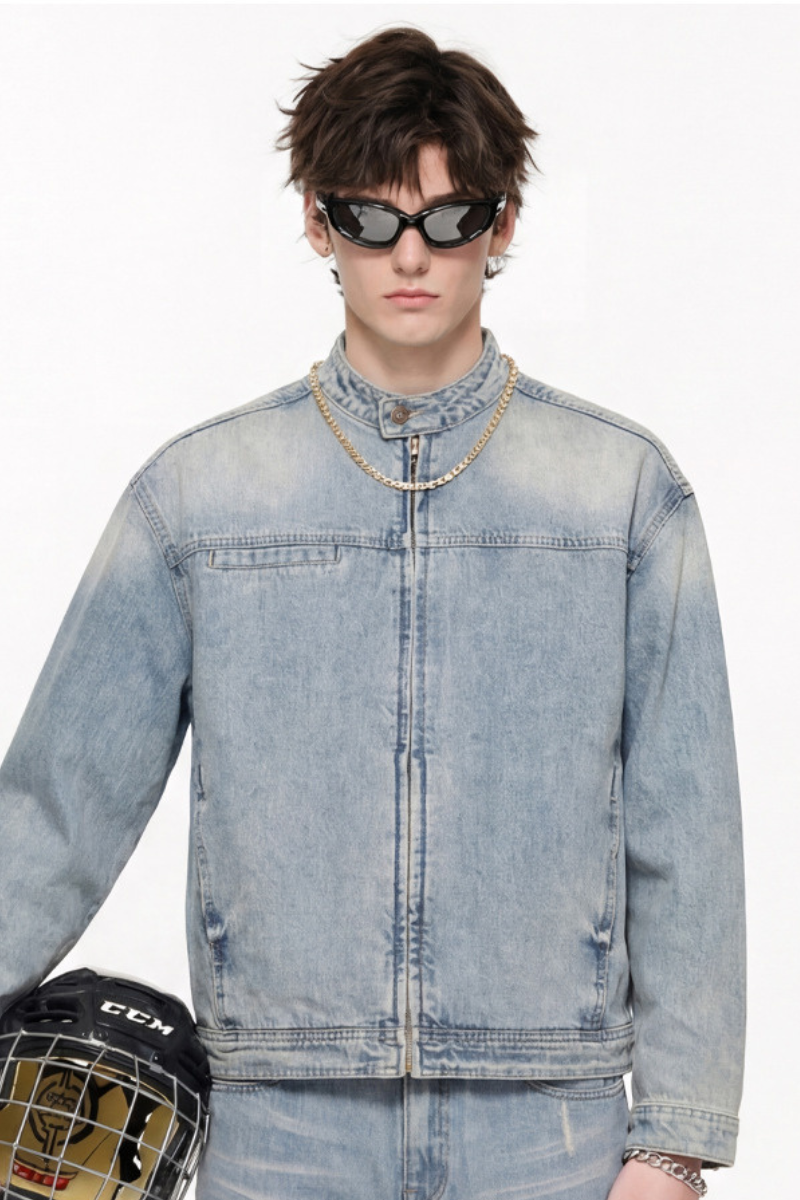Men's 385g Washed Patchwork Denim StandCollar Zip Jacket