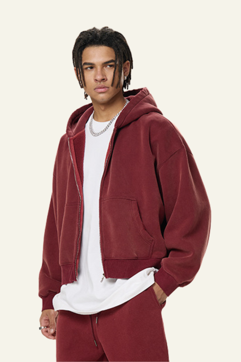Men's Heavyweight Washed Full Zipper Hooded Jacket