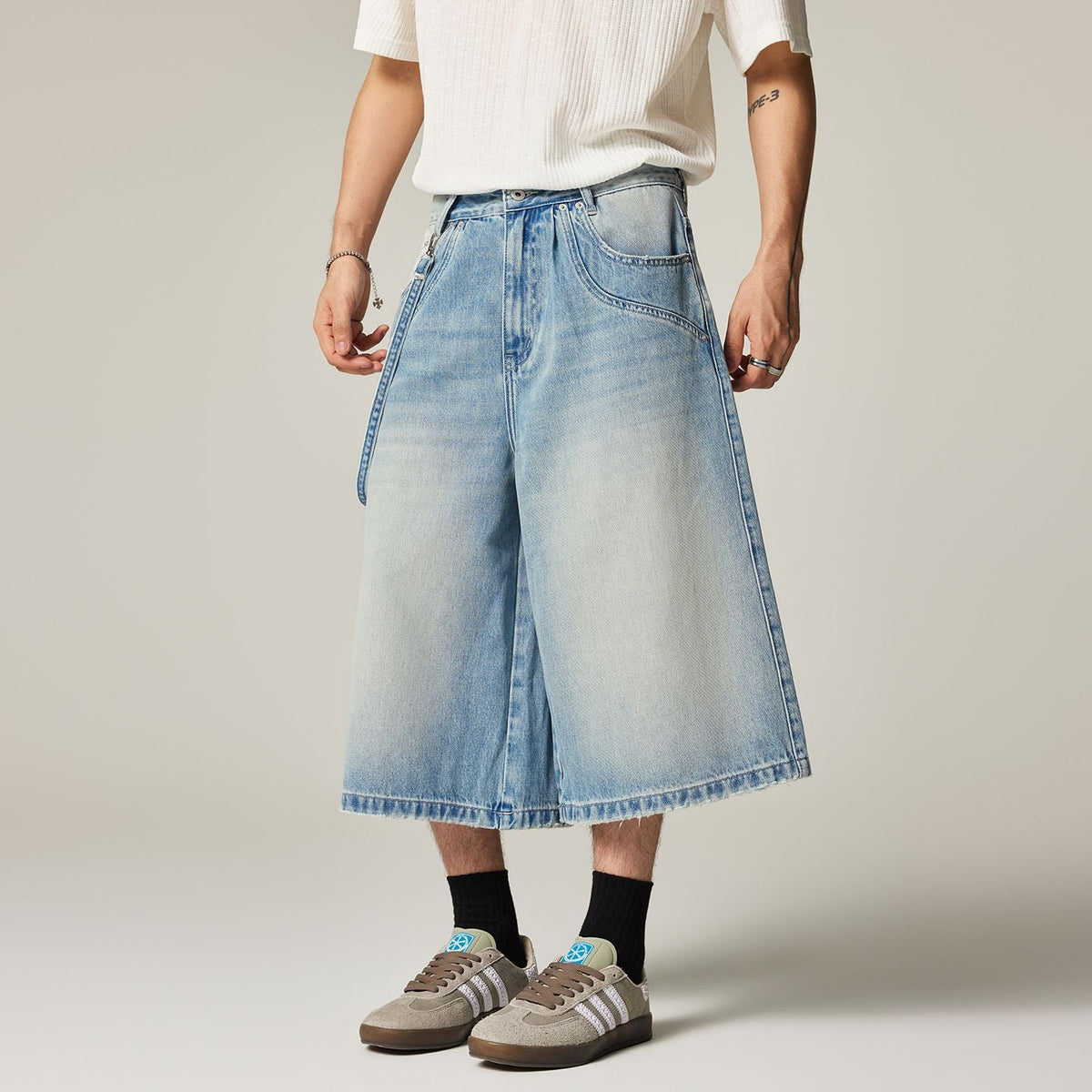 Men's Summer Washed Strap Wide-Leg Denim Shorts