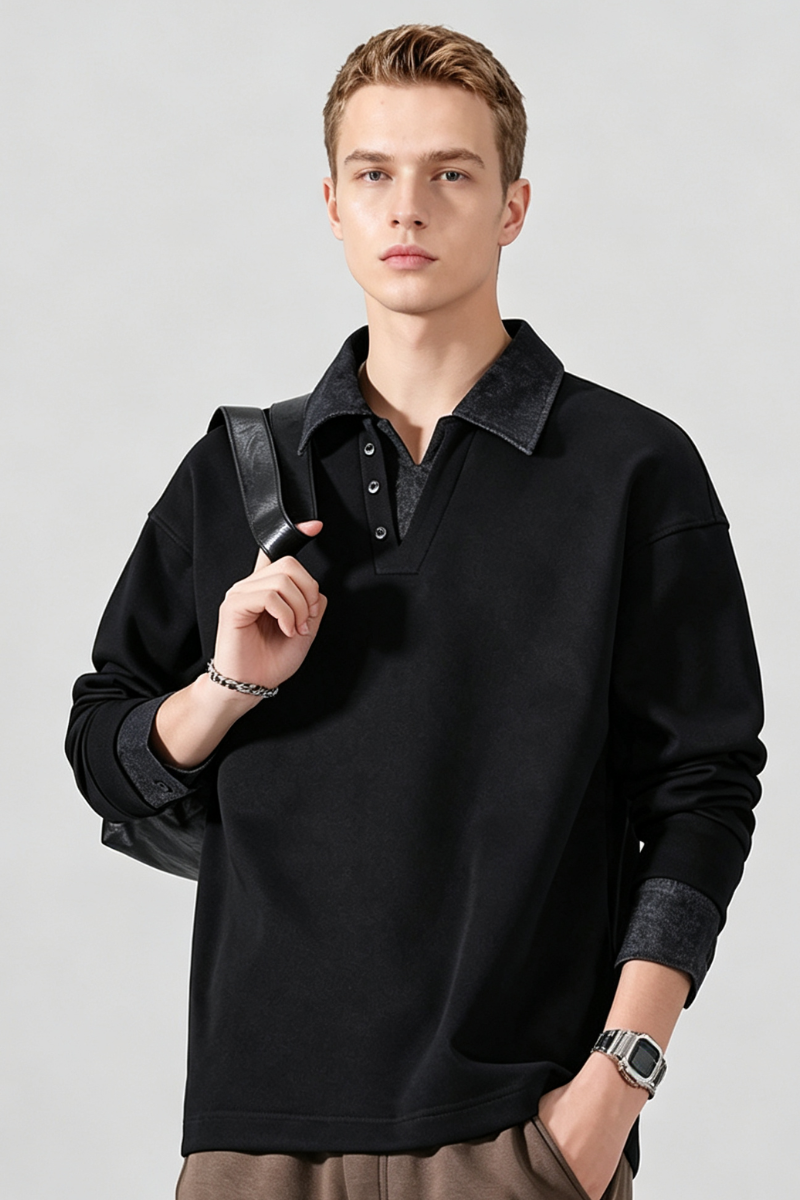 Men's Fall Clothing Fleece Denim-Collar Polo Sweatshirt