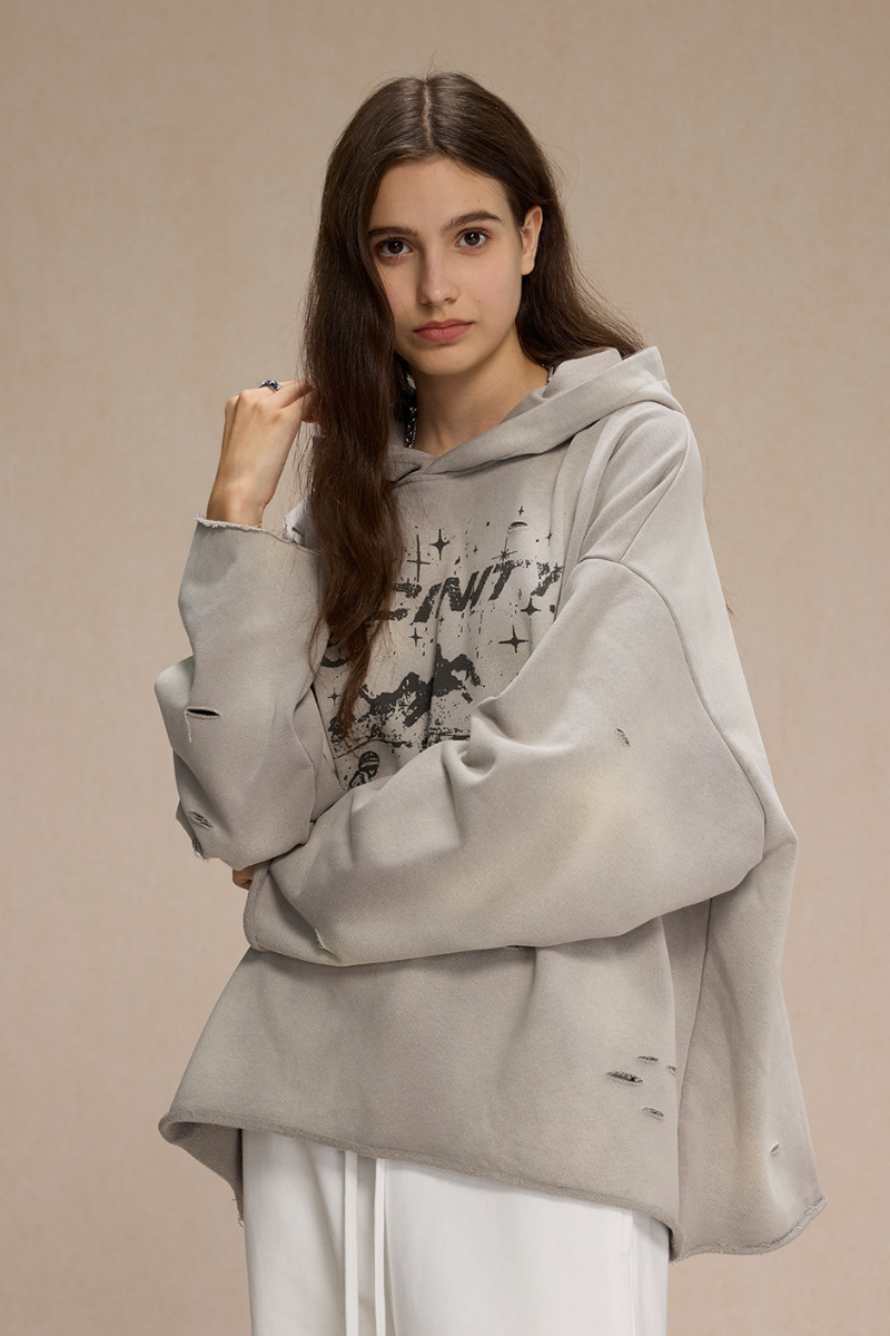 Women's Fall Clothing Distressed Frayed-Edged Hoodie