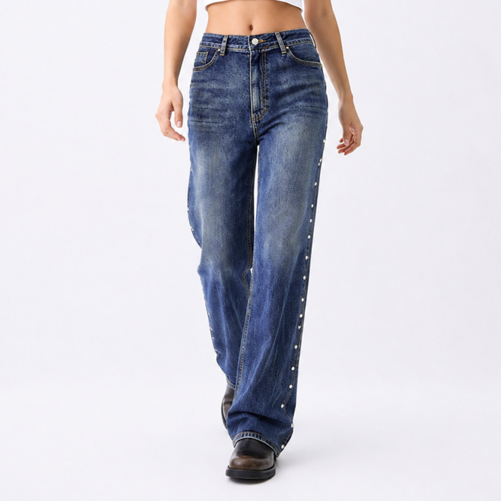Women's High Waist Side Studded Wide Leg Jeans
