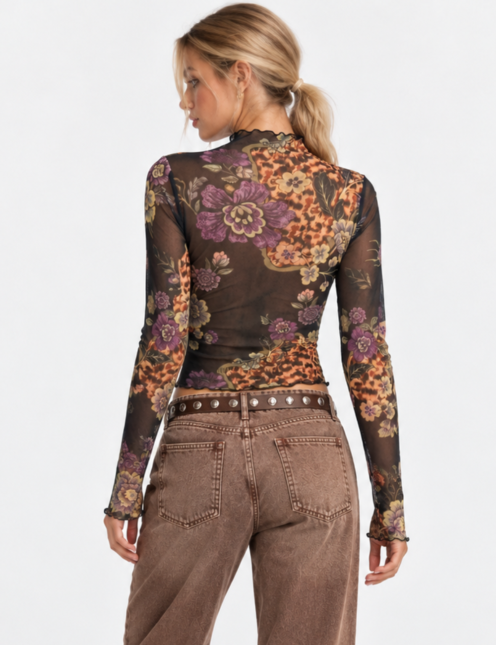 Ladies Retro Leopard Floral Mesh Mock Neck Ruched Top