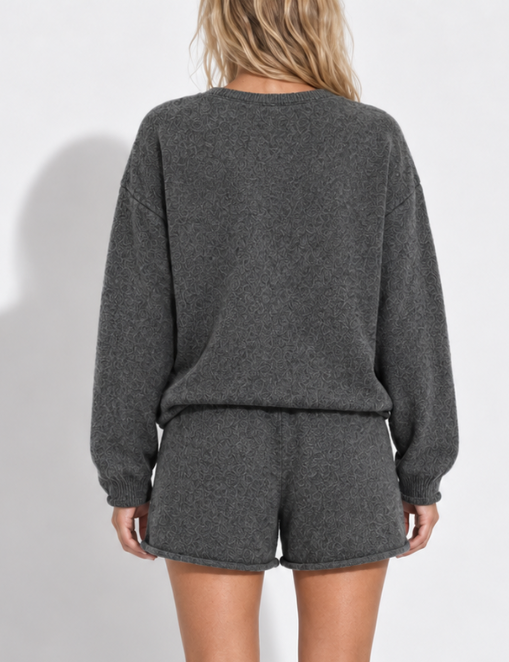 Ladies Solid Color Knit Crew Neck Sweater & Shorts 2PCS Set