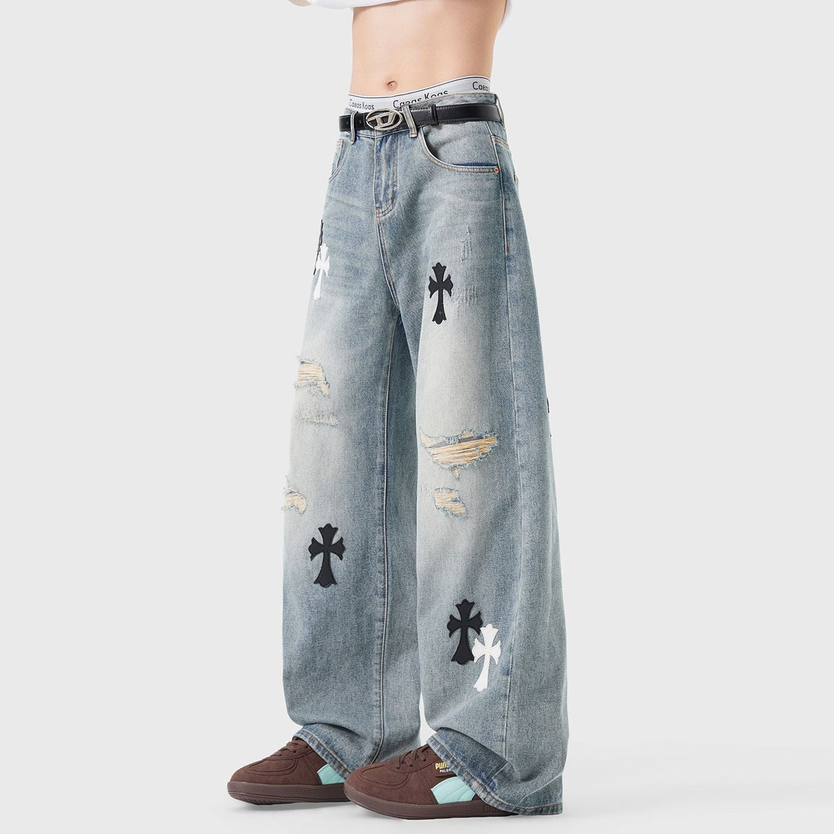 Men's Spring Light Blue Ripped Cross Patch Denim Jeans