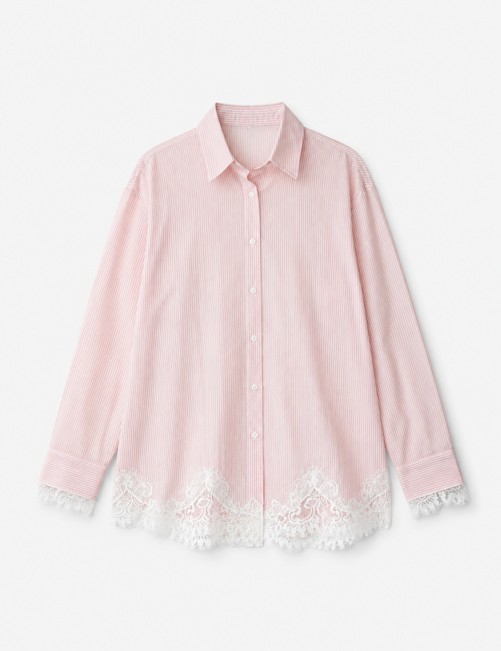 Ladies Striped Lace Hem Long Sleeves Button-Down Shirt