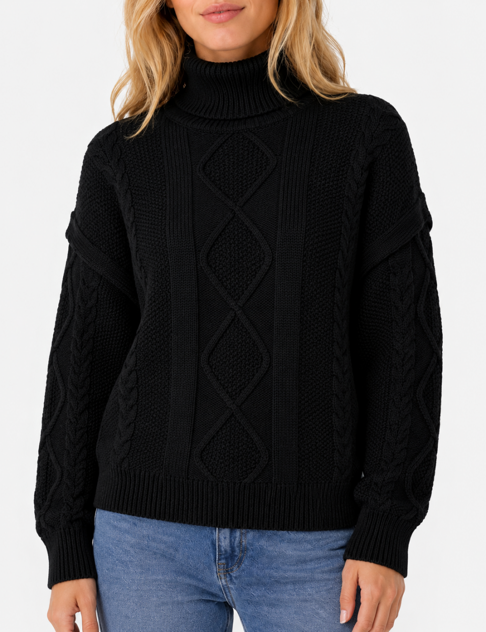 Ladies Turtleneck Cable Knit Drop Shoulder Sweater