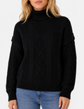 Ladies Turtleneck Cable Knit Drop Shoulder Sweater