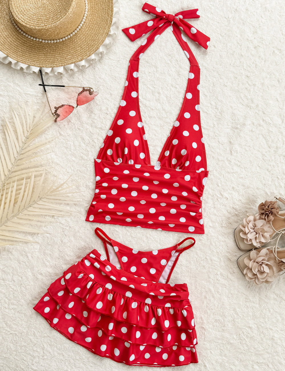Ladies Polka Dot Tiered Ruffle Skirt 3PCS Swimwear Set