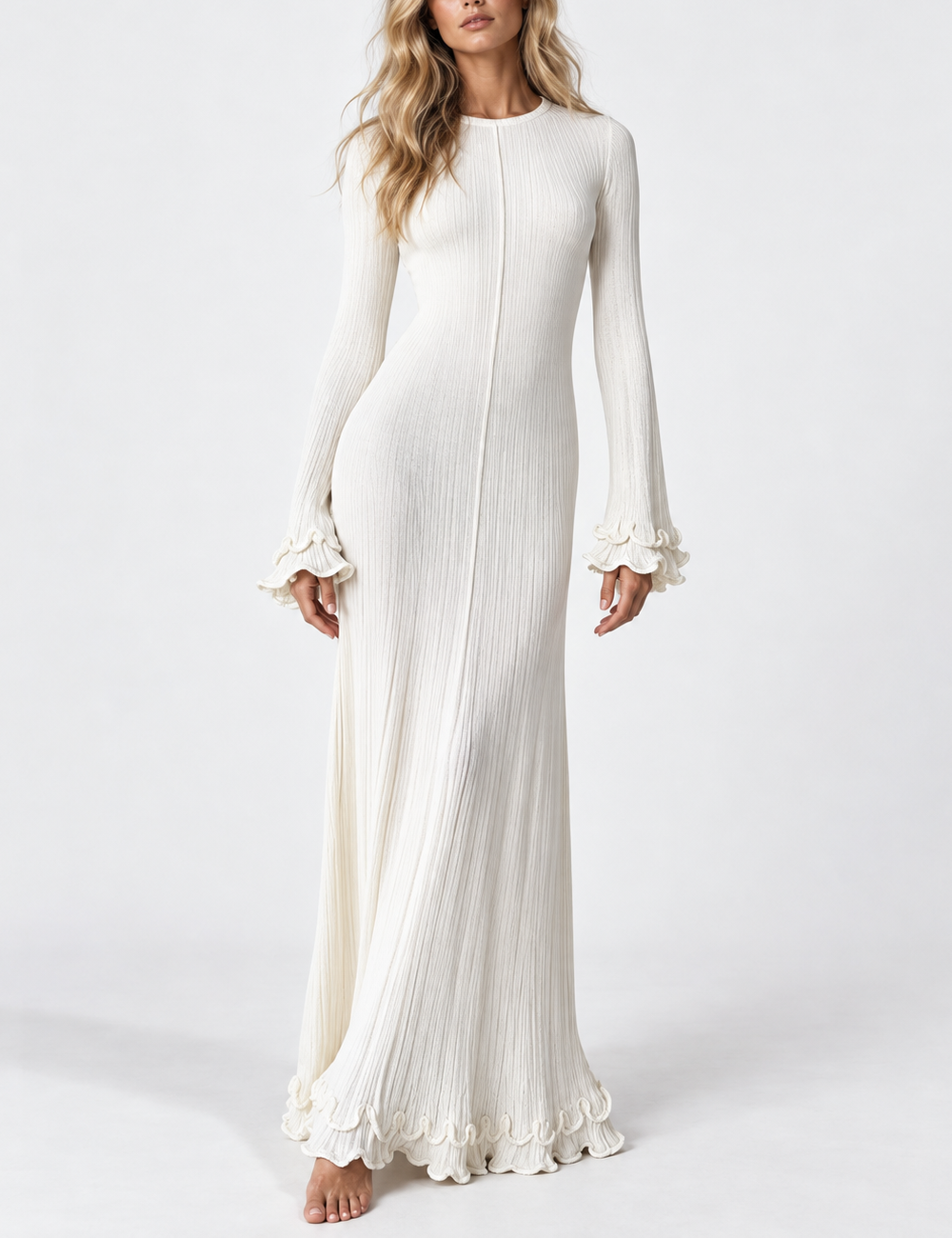 Ladies Round Neck Ruffle Flare Sleeves Ribbed Knit Maxi Dress
