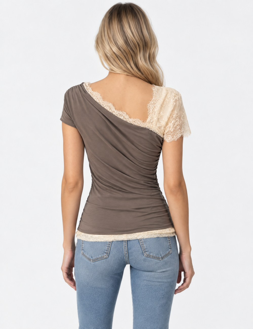 Ladies Asymmetric Lace Trim Off Shoulder Top
