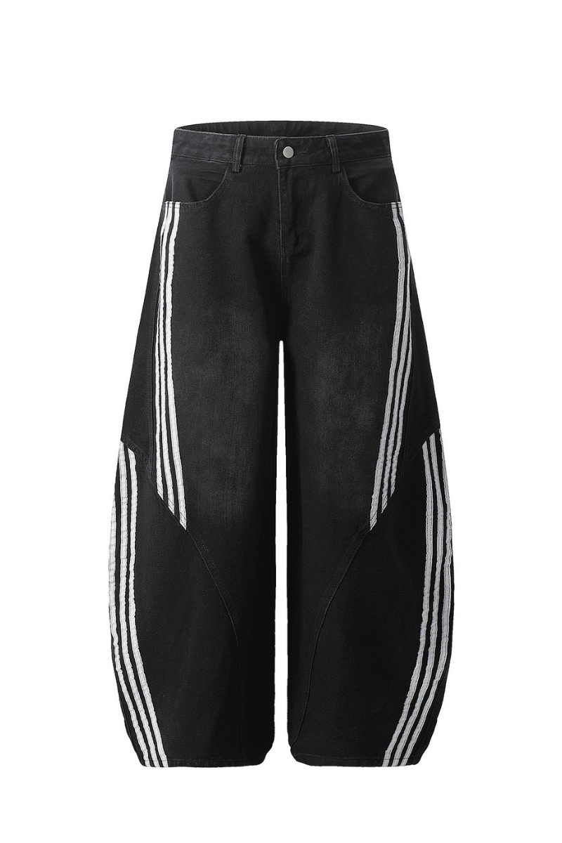 Unisex Summer Cotton Washed Contrast Stripe Wide-Leg Jeans