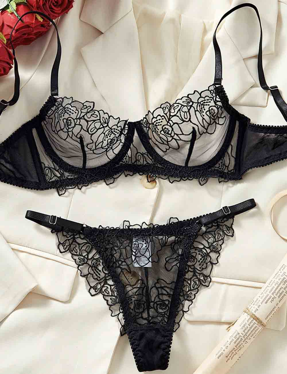 Ladies Floral Embroidery See Through 2PCS Lingerie Set 8XY6138