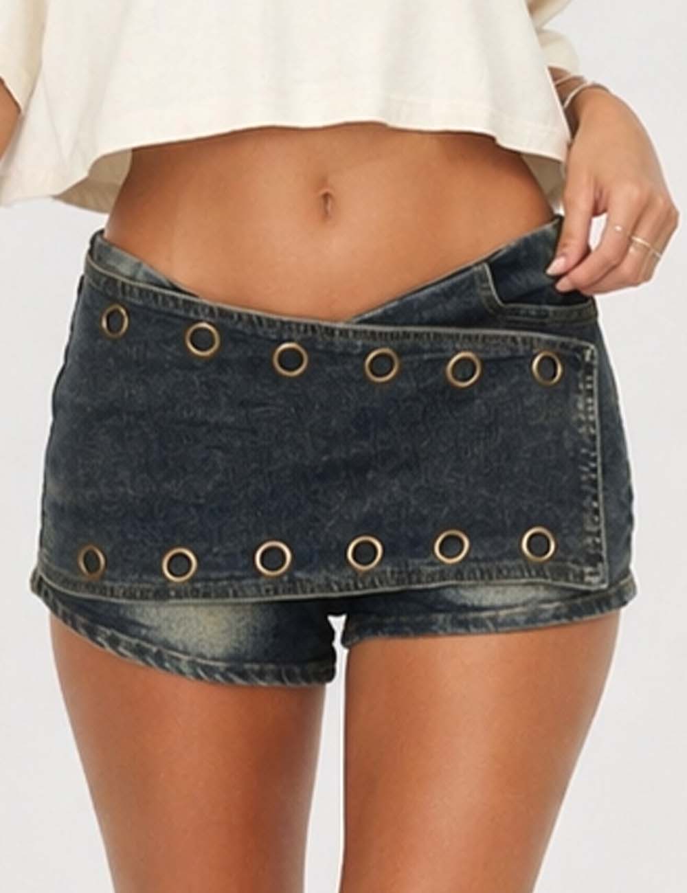 Ladies Metal Eyelet Wrap Denim Mini Shorts