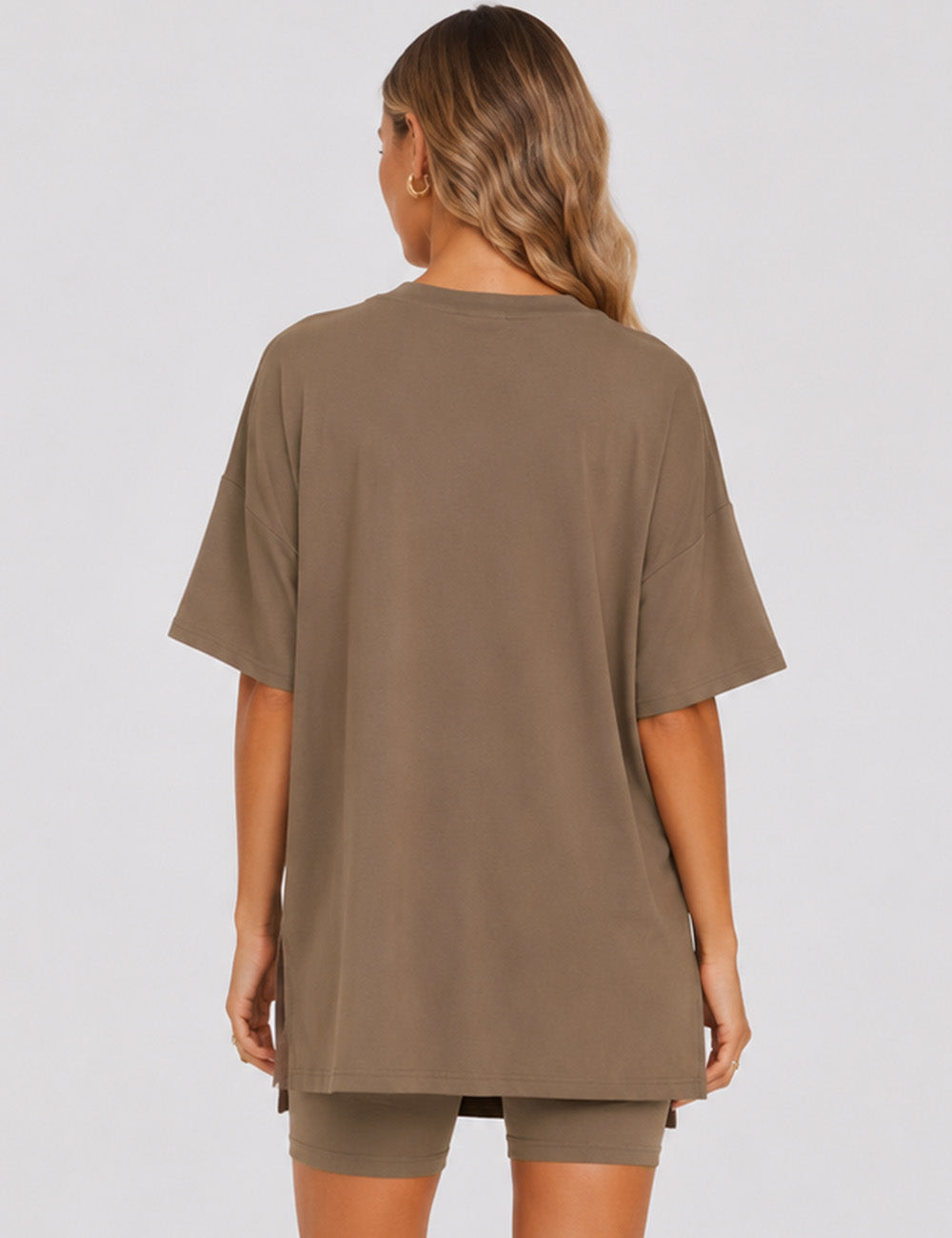 Ladies Solid Loungewear Outfits Loose Top & Slim Shorts Set