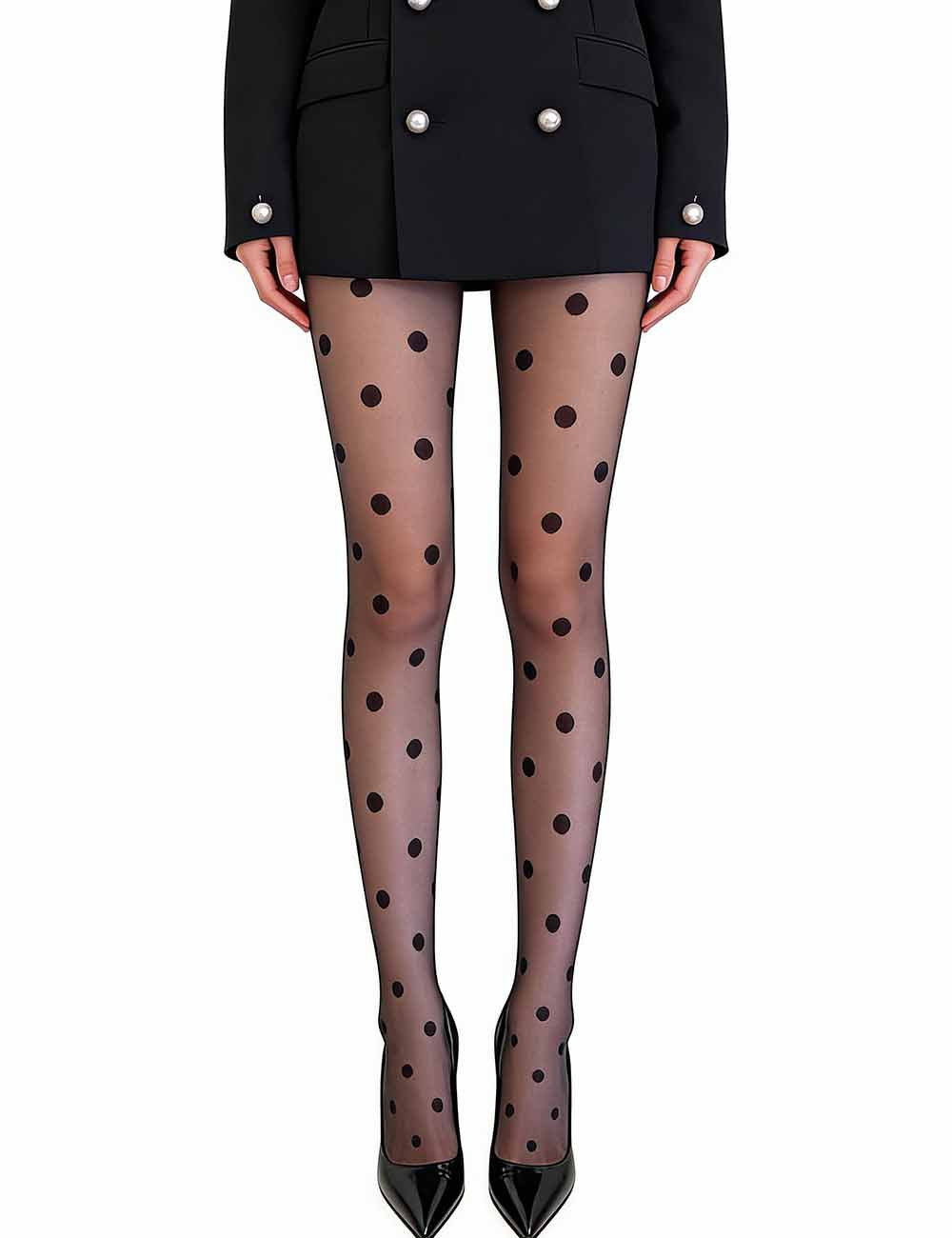 Ladies Polka Dot See Sheer Non-Fleece Lined Pantyhose