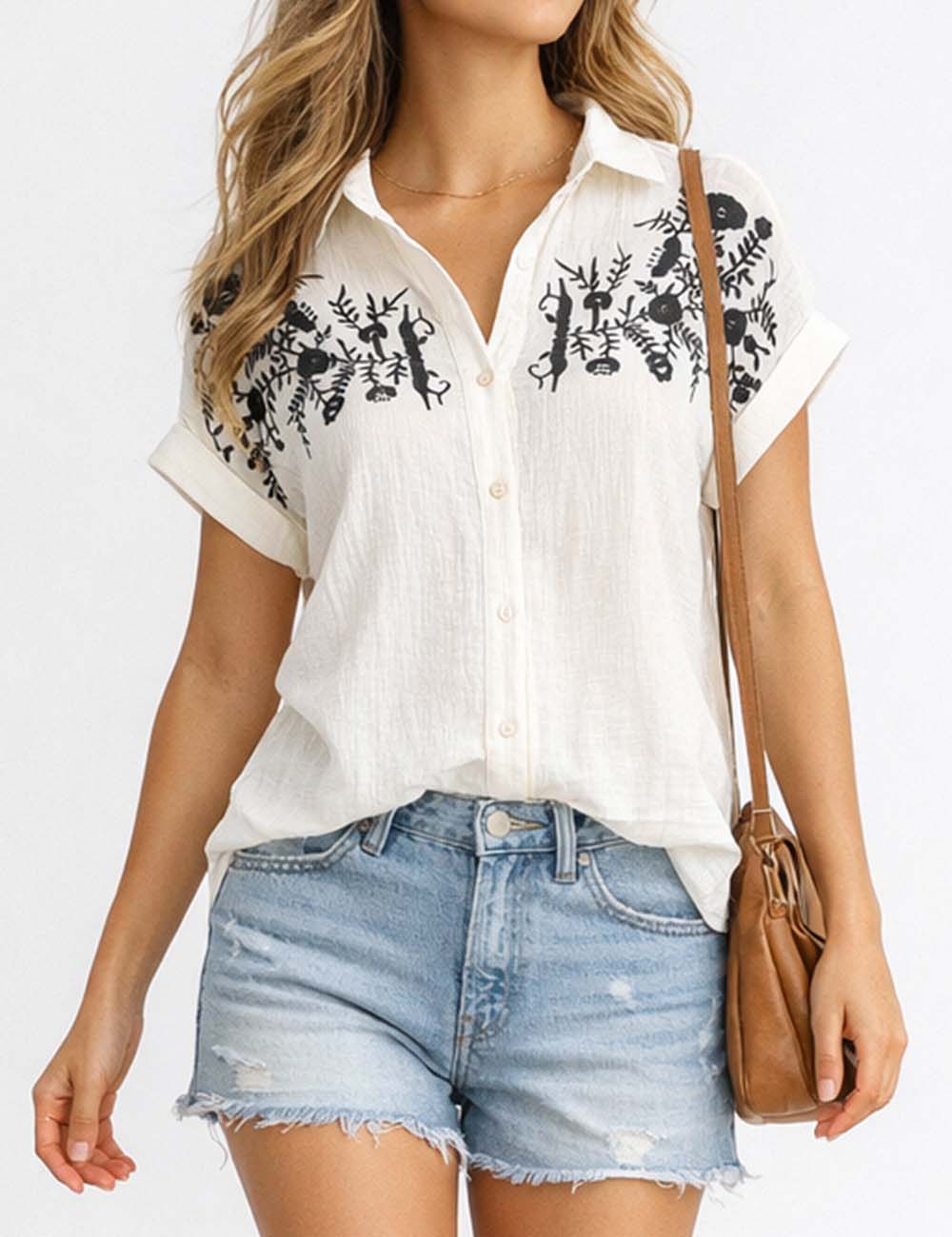 Ladies Embroidery Shirt Collar Button Down Short Sleeves Blouse
