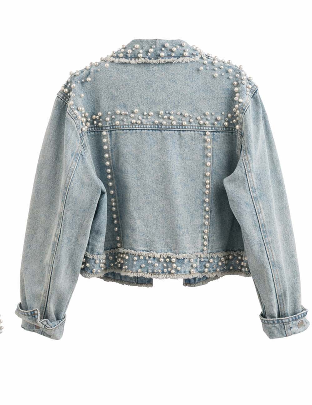 Ladies Faux Pearl Beaded Frayed Hem Cropped Denim Jacket