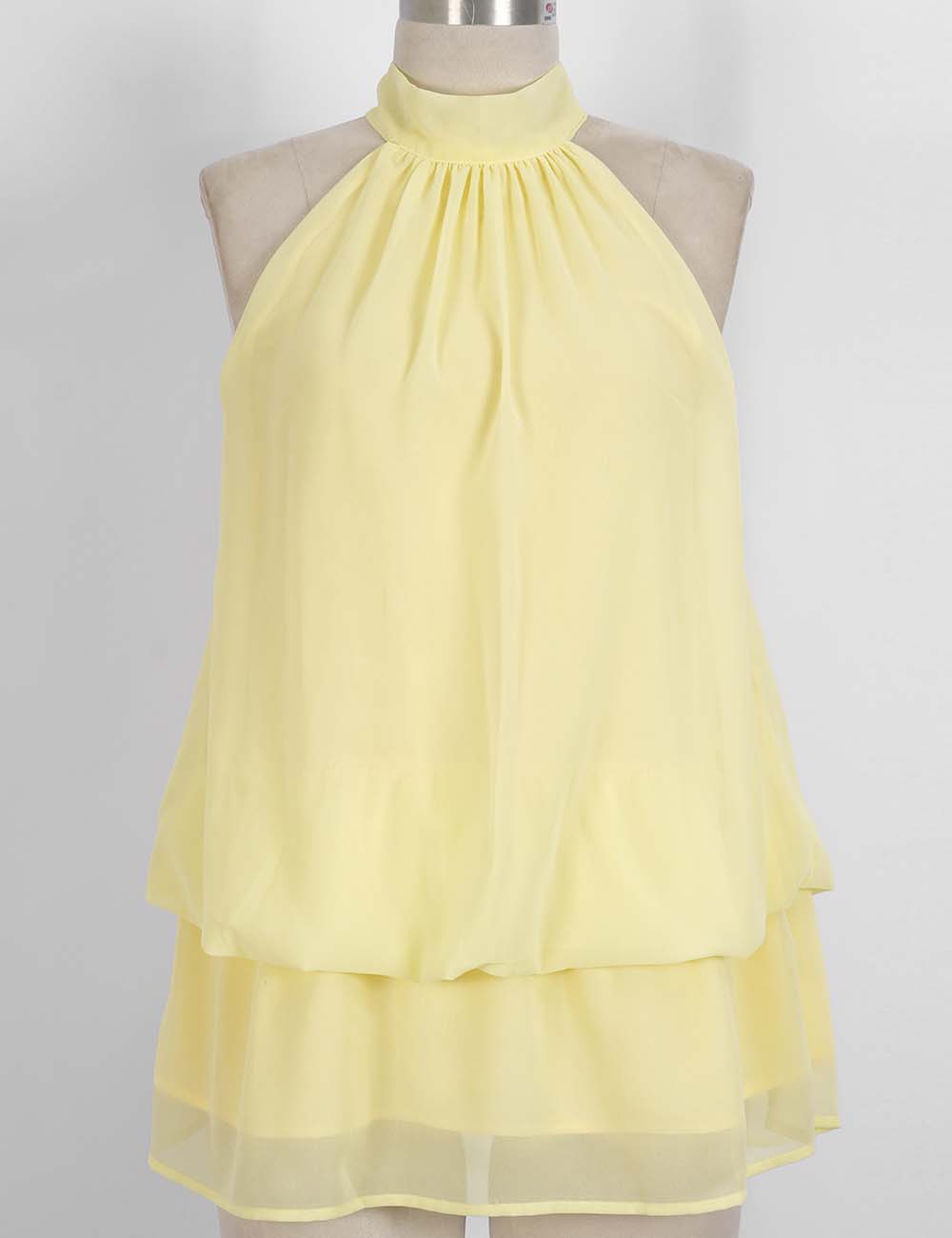 Ladies Chiffon Stand Neck Solid Color Ruffle Hem Sleeveless Top