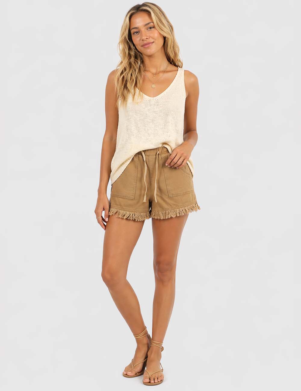Ladies Solid Color Drawstring Waist Frayed Hem Denim Shorts