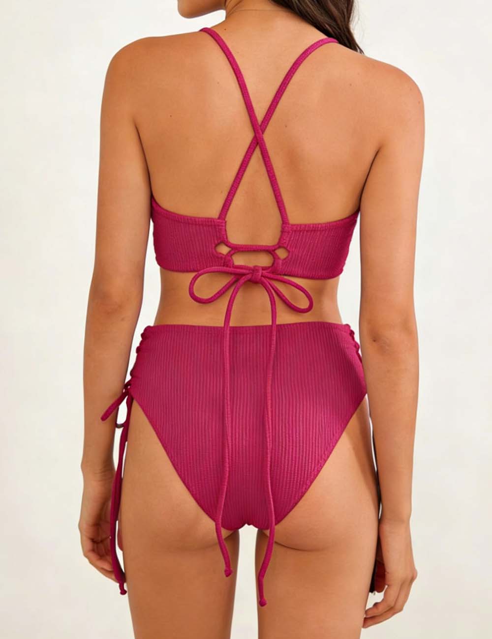 Ladies Solid Color Shoulder String Tie Bikini Set 8BK3WST317