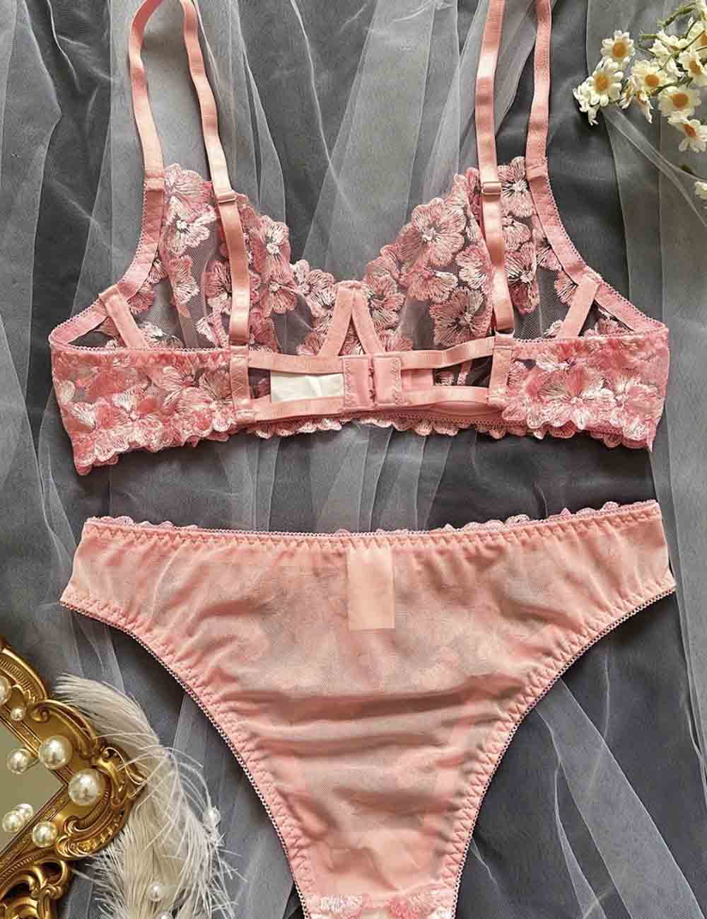 Ladies Floral Embroidery See Through 2PCS Lingerie Set 8HF4113