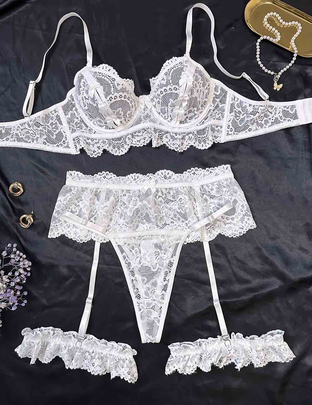 Ladies Floral Lace See Through 3PCS Lingerie Set 8HF1129