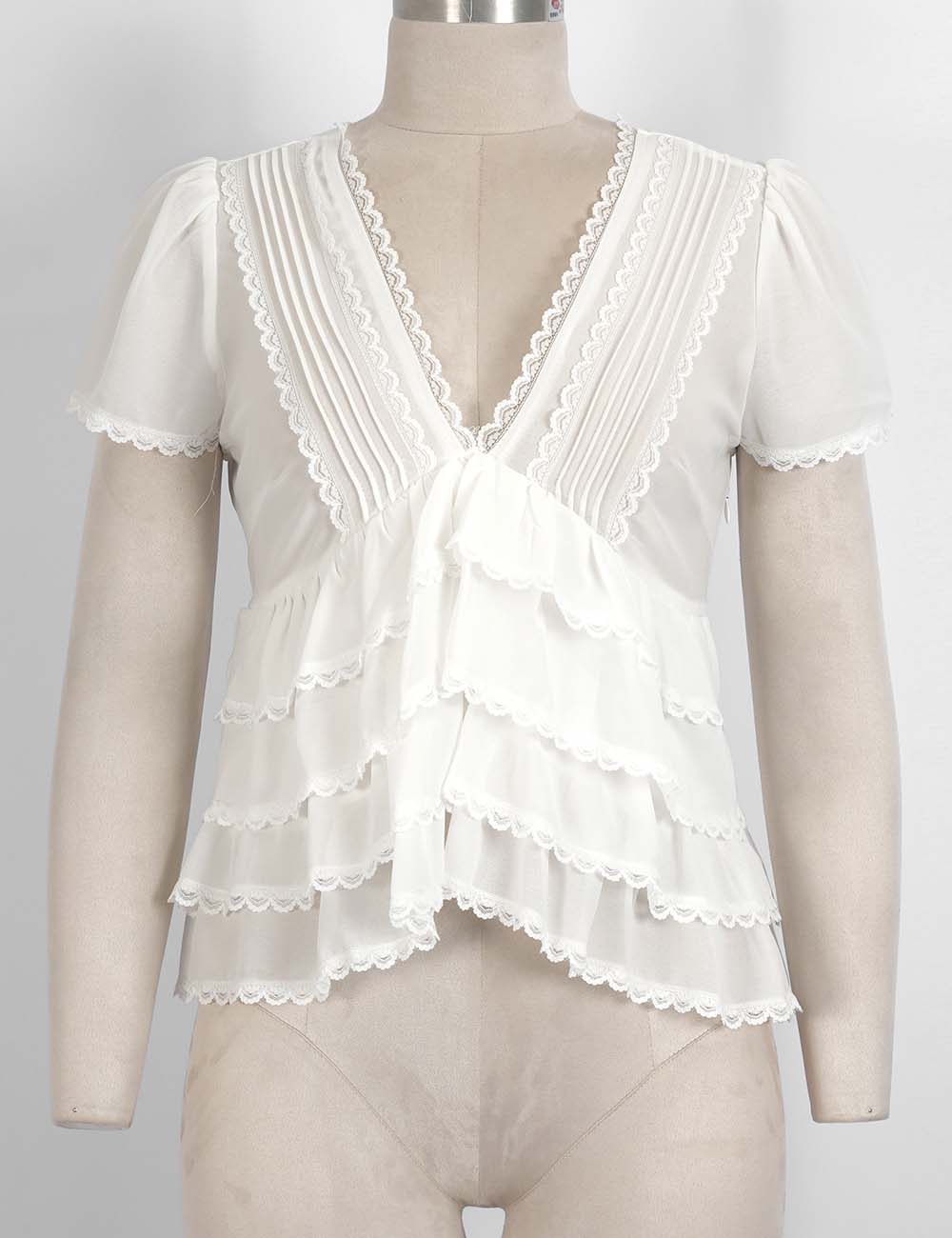 Ladies Chic V-Neck Tiered Ruffle Short Sleeves Top