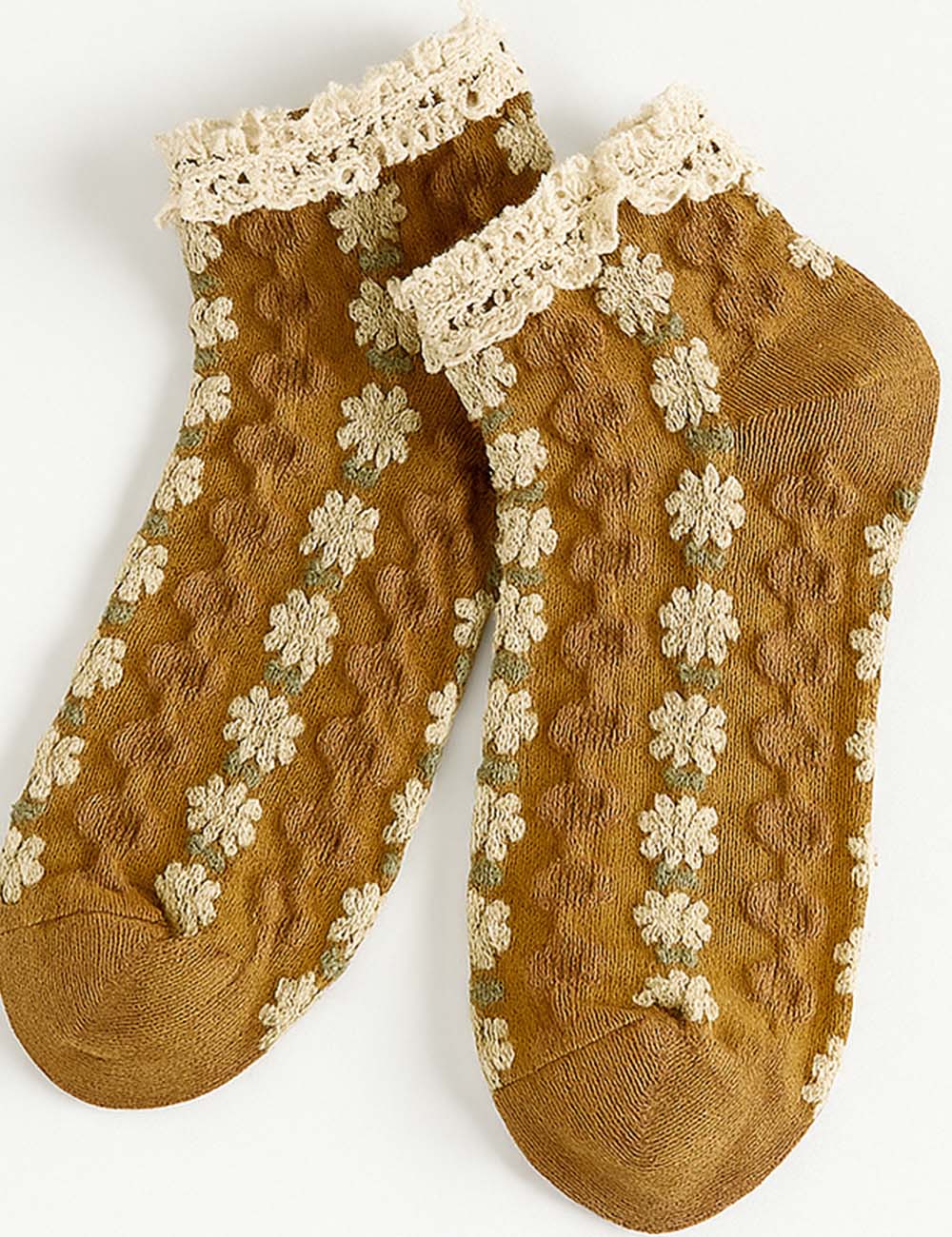 Ladies Floral Embroidery Ruffled Trim Knit Ankle Socks