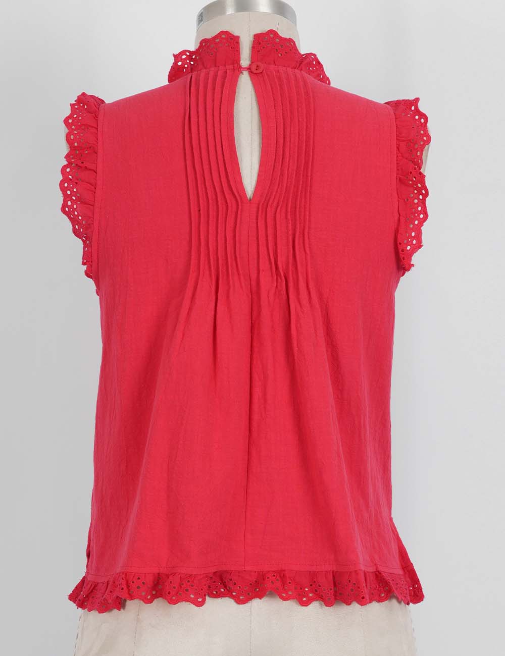 Ladies Boho Eyelet Lace Pleated Round Neck Sleeveless Babydoll Top