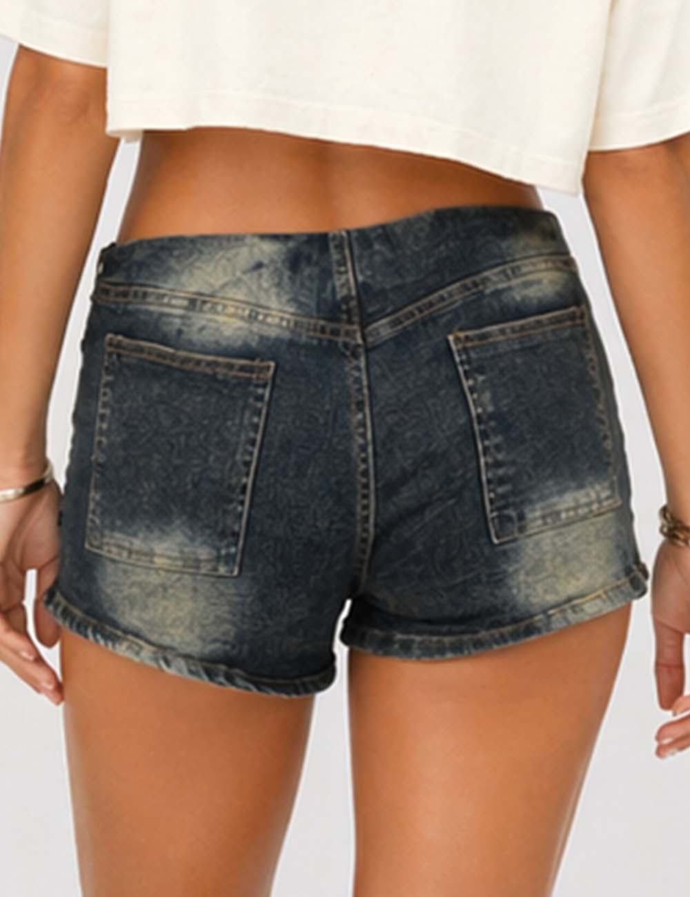 Ladies Metal Eyelet Wrap Denim Mini Shorts