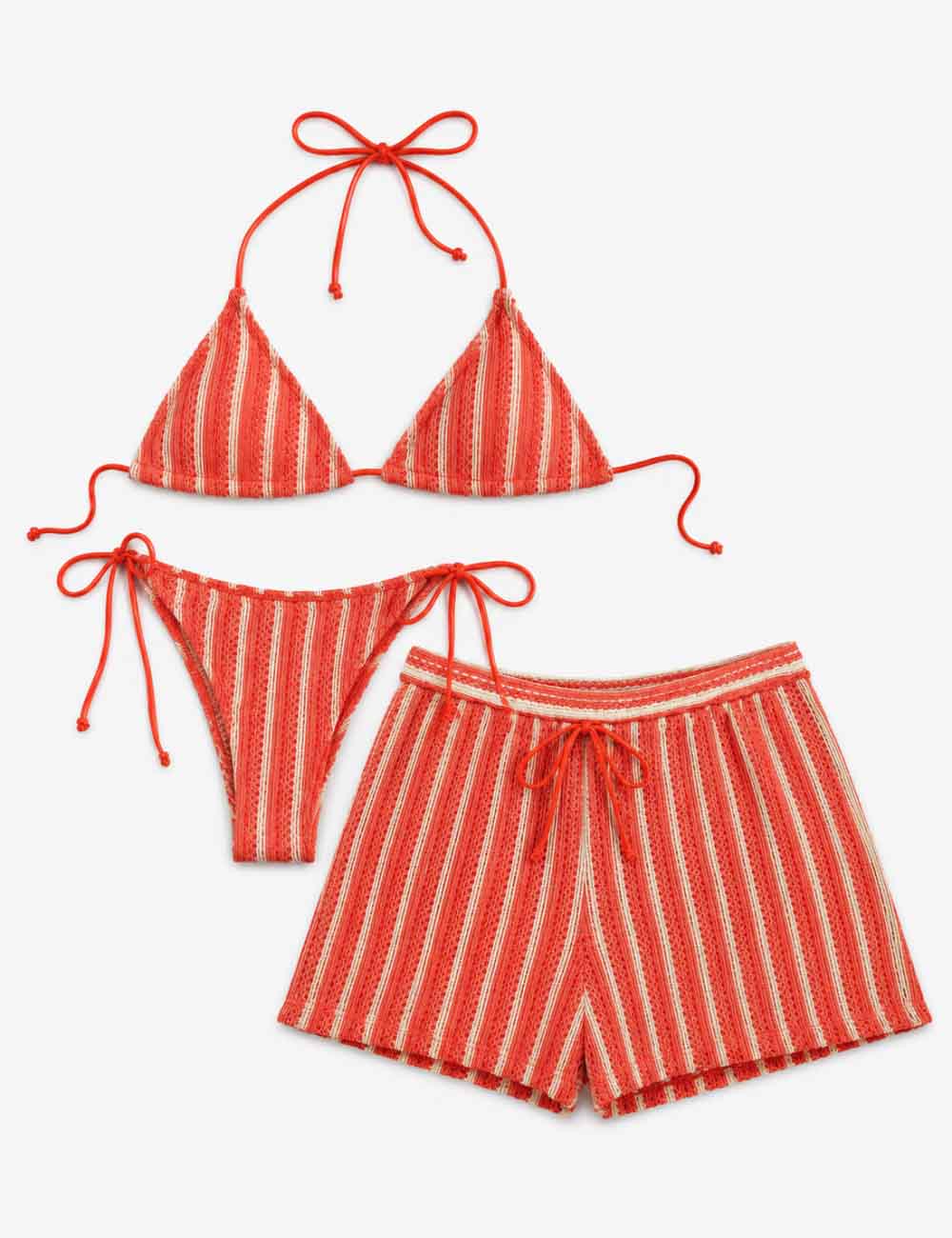 Ladies Striped Crochet Triangle 3 Piece Bikini Set With Cover Up Shorts
