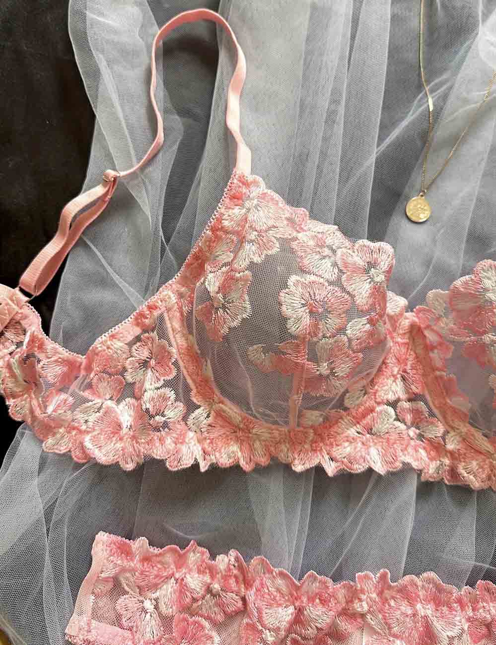 Ladies Floral Embroidery See Through 2PCS Lingerie Set 8HF4113