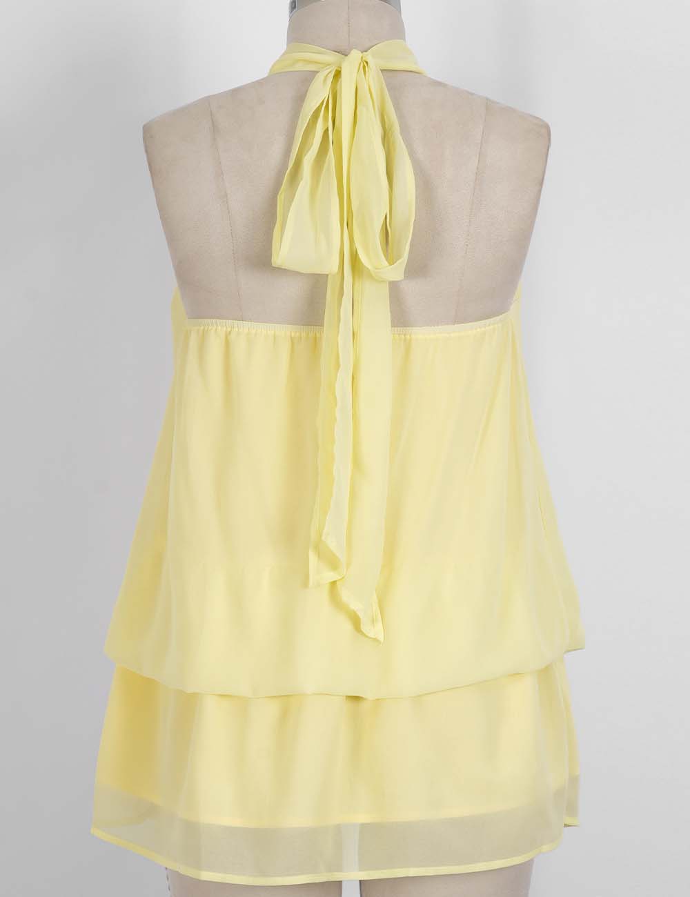 Ladies Chiffon Stand Neck Solid Color Ruffle Hem Sleeveless Top