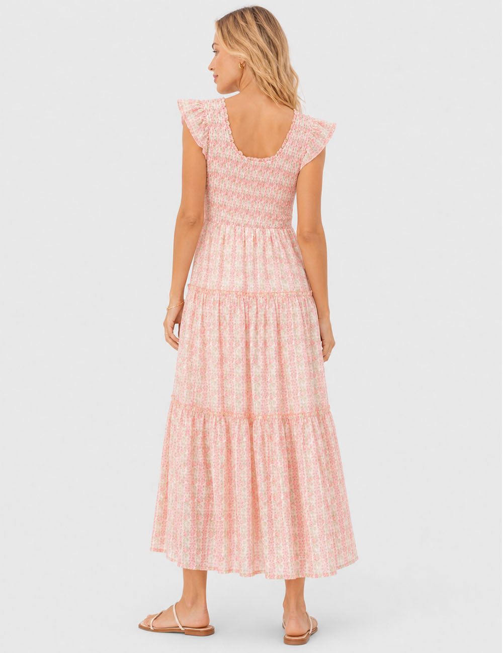 Ladies Floral Print Ruffle Sleeves Tiered Hem Smocked Maxi Dress