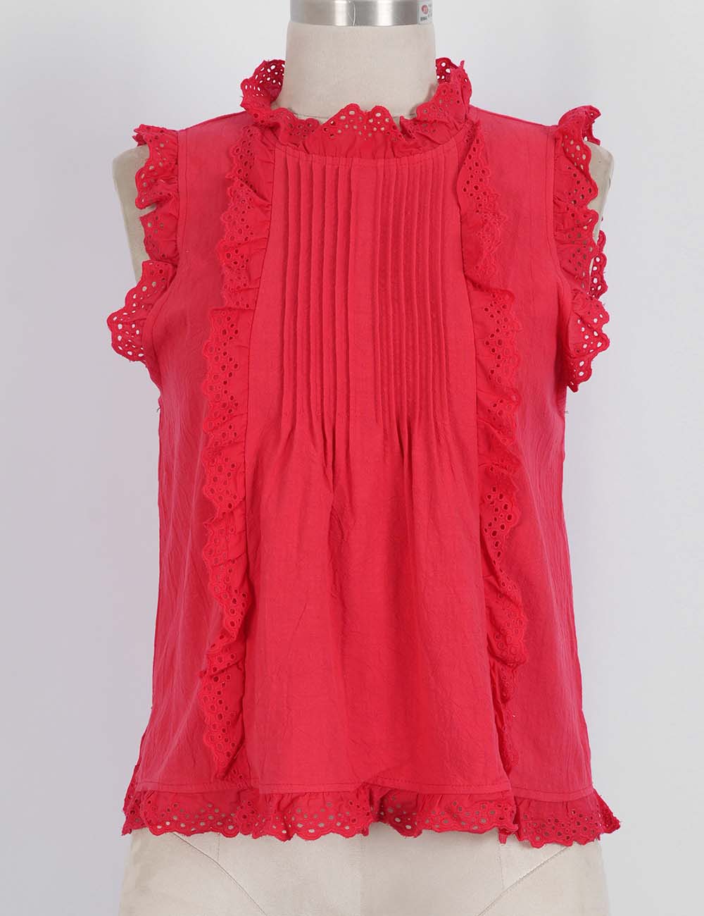 Ladies Boho Eyelet Lace Pleated Round Neck Sleeveless Babydoll Top