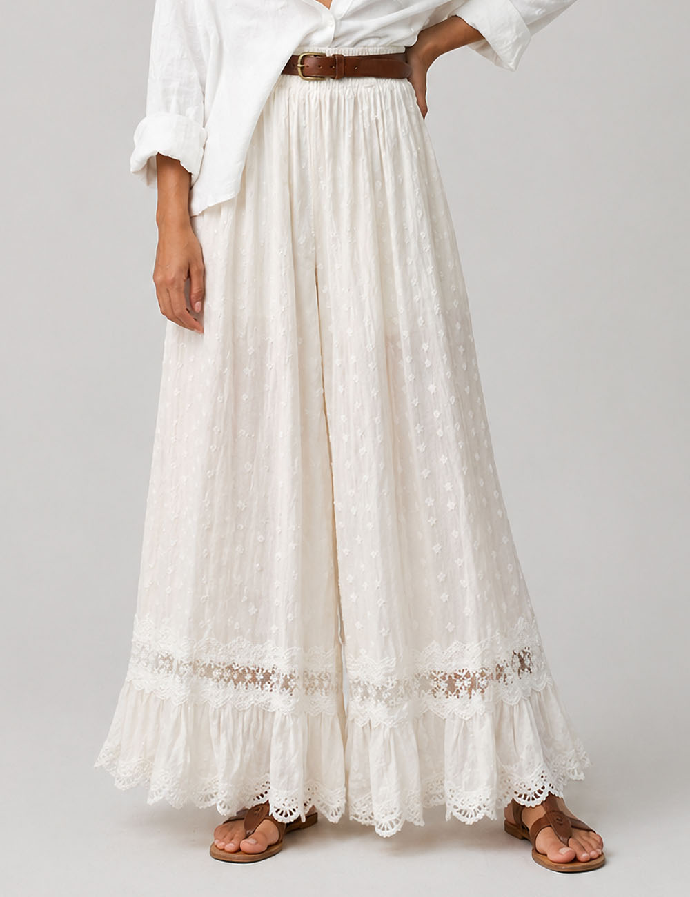 Ladies Floral Embroidery Lace Hem Wide Leg Pants