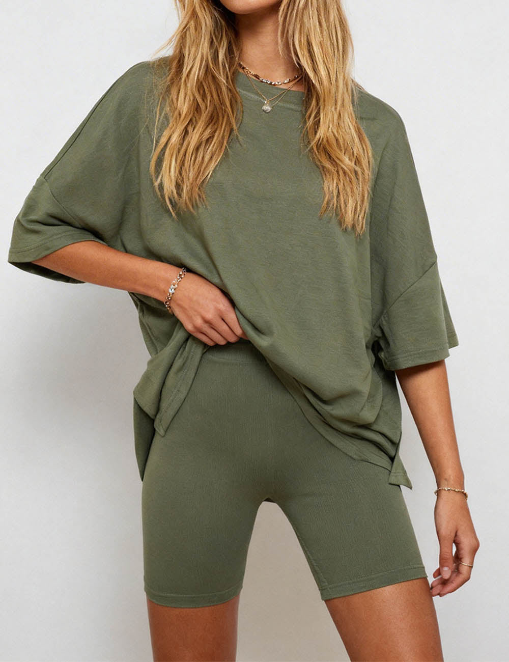 Ladies Solid Loungewear Outfits Loose Top & Slim Shorts Set