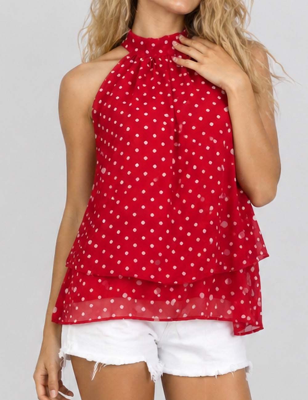 Ladies Chiffon Polka Dot Stand Neck Sleeveless Ruffle Hem Top