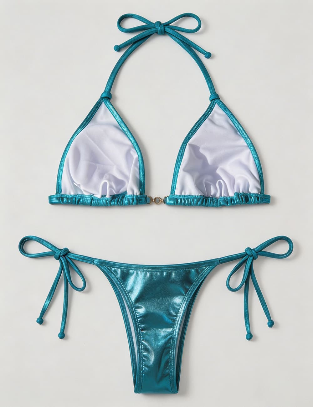 Ladies Metallic Pearl Ring Halter Triangle 2 Piece Bikini Set