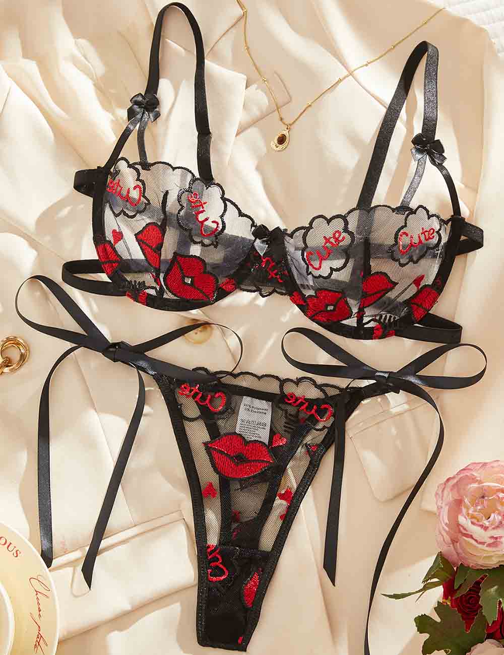 Ladies Sexy Lips Embroidery Tie Bra Thong Lingerie Set