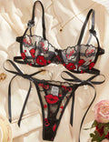 Ladies Sexy Lips Embroidery Tie Bra Thong Lingerie Set