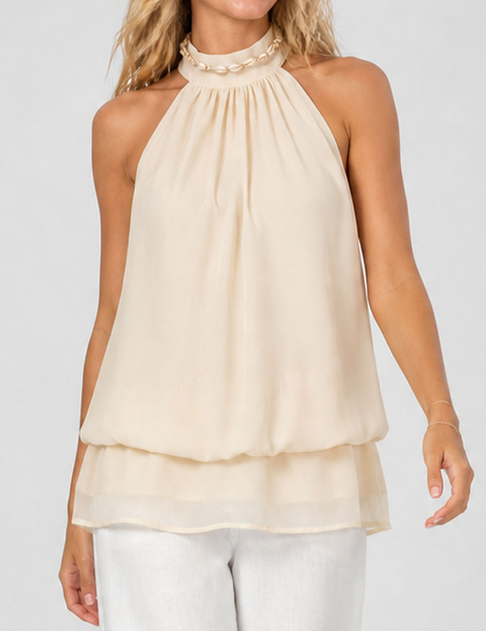 Ladies Chiffon Stand Neck Solid Color Ruffle Hem Sleeveless Top
