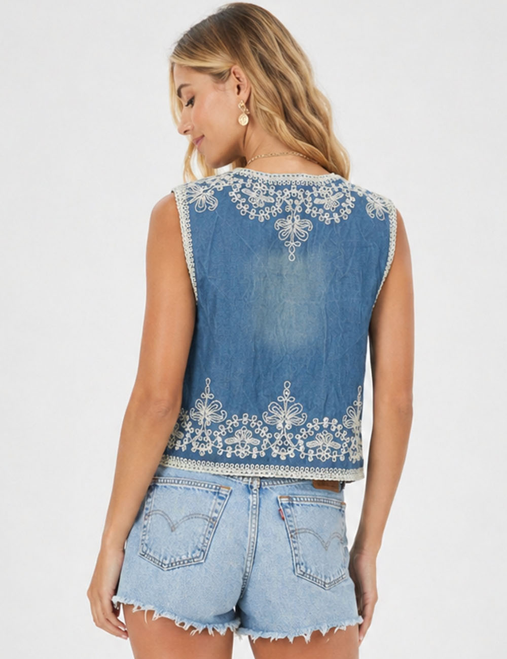 Ladies Boho Rhinestone Embroidery Button Front Denim Vest