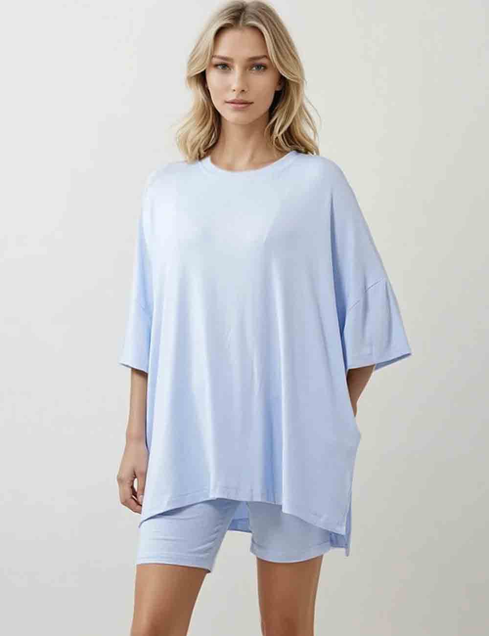 Ladies Solid Loungewear Outfits Loose Top & Slim Shorts Set