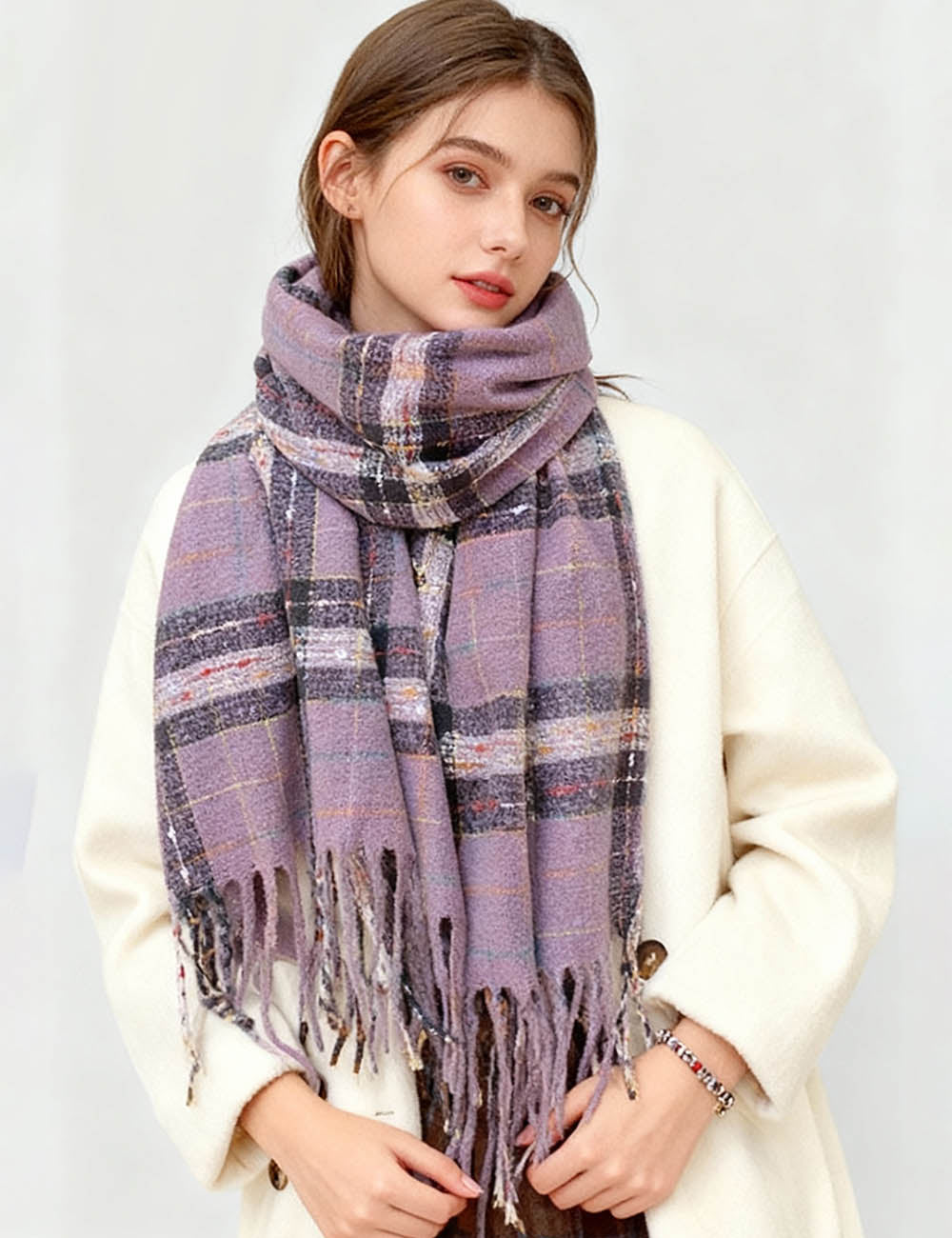 Ladies Christmas Plaid Fringe Oblong Knit Scarf