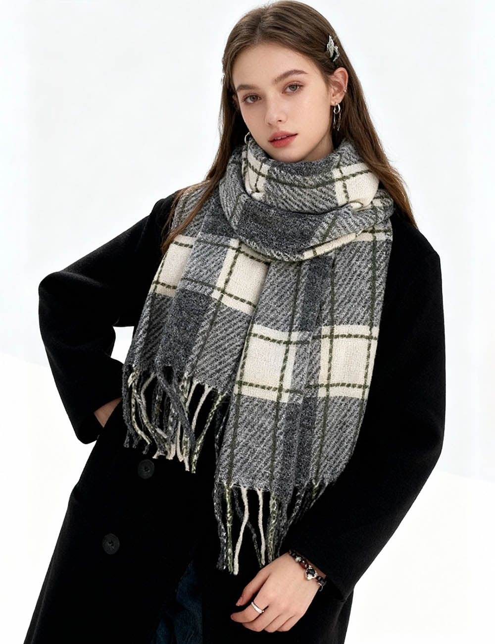 Ladies Vintage Cozy Checked Tassel Knit Scarf