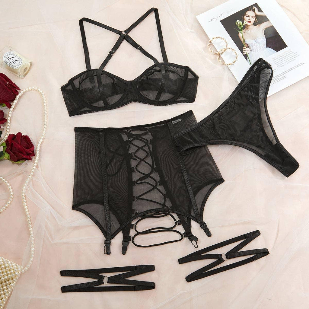 3PCS Bandage Sexy Lingerie Set with Garter Belt