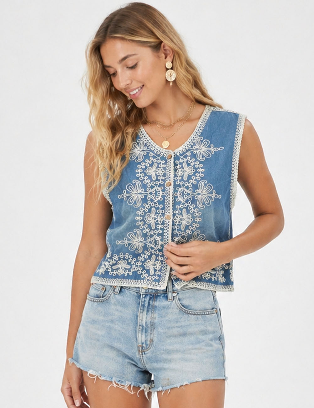 Ladies Boho Rhinestone Embroidery Button Front Denim Vest