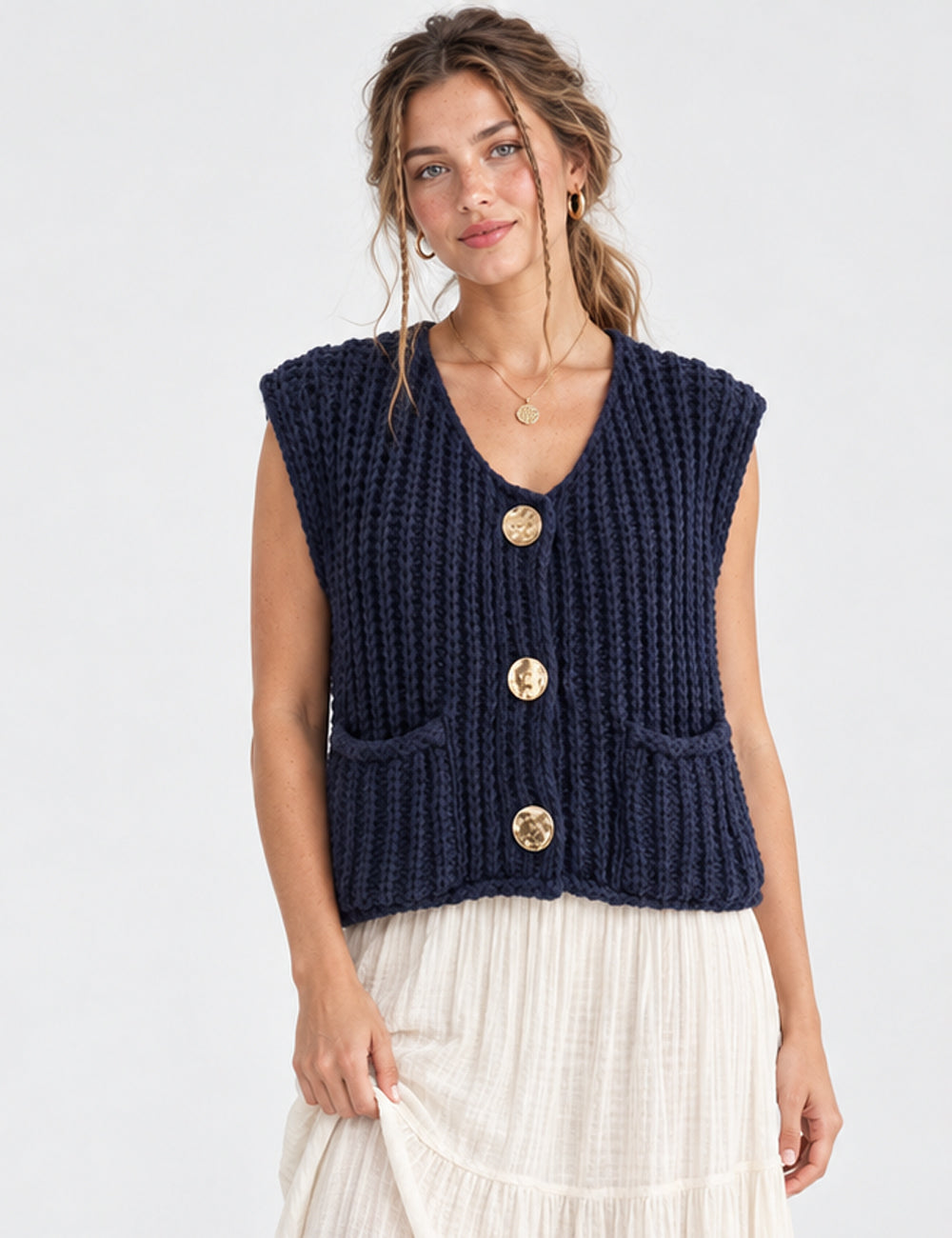 Ladies Chunky Open Knit Sweater Vest